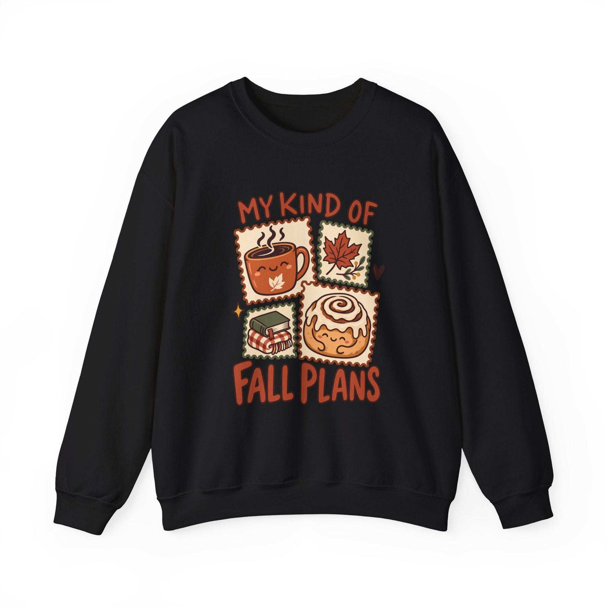 A black crewneck sweatshirt featuring a graphic print with the text 'MY KIND OF FALL PLANS' and four autumn-themed illustrations including a coffee mug, a maple leaf, a sandwich, and a cinnamon roll.