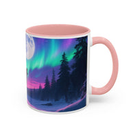 Mug with a design of the Northern Lights over a forest on a white background
