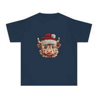 Youth tee featuring Santa Highland cow in faux crochet yarn Christmas design