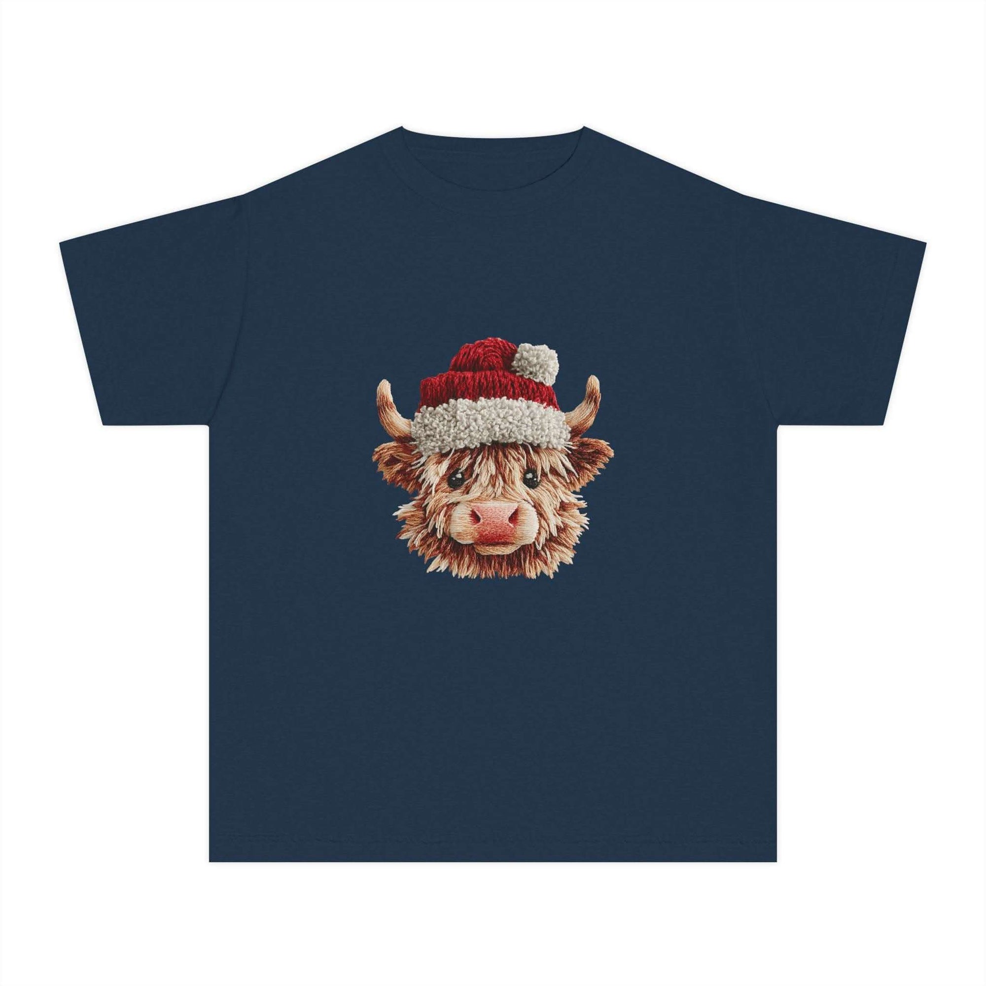 Youth tee featuring Santa Highland cow in faux crochet yarn Christmas design