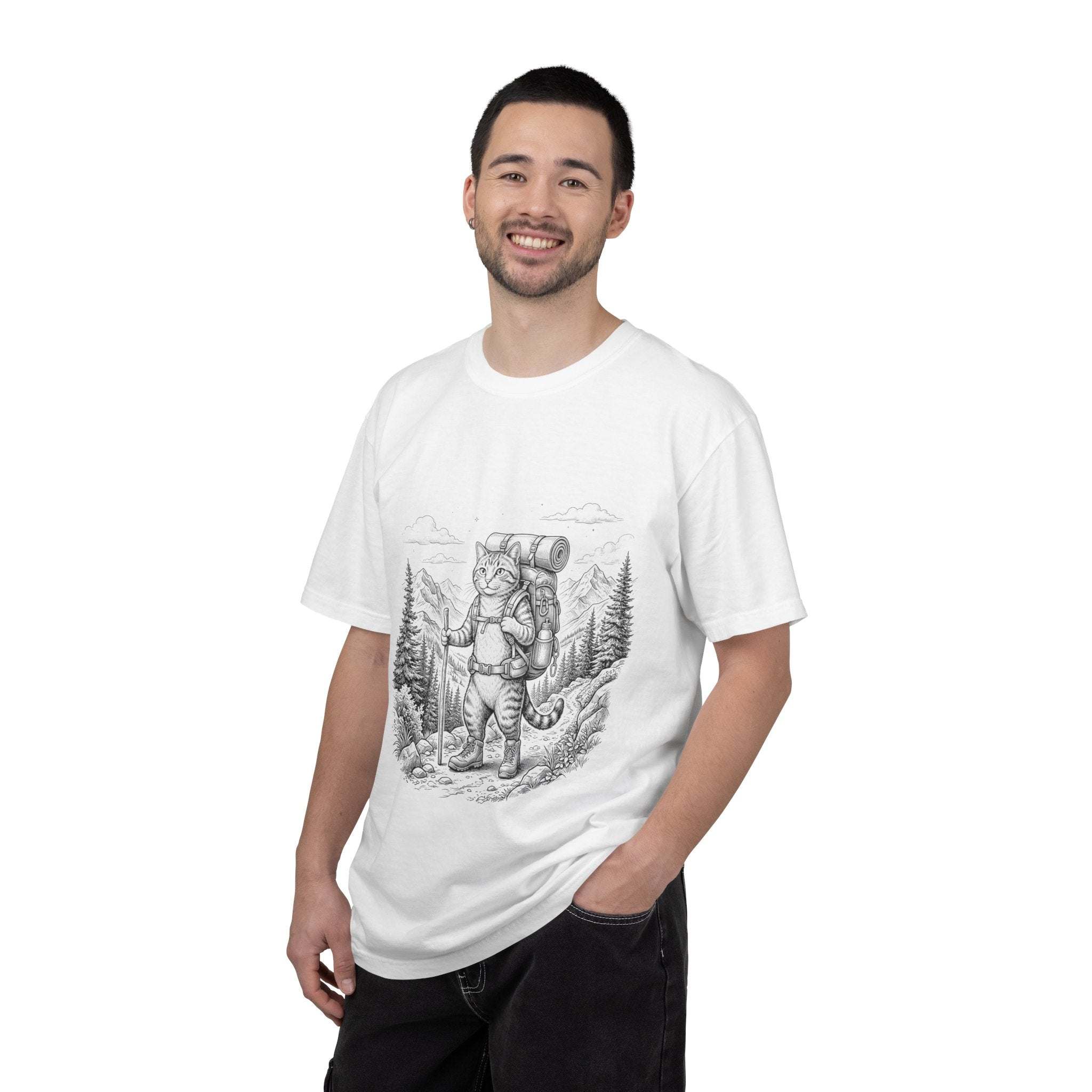 Cat Hiker Illustration T-shirt | Mountain Camping Adventure, Forest Sketch