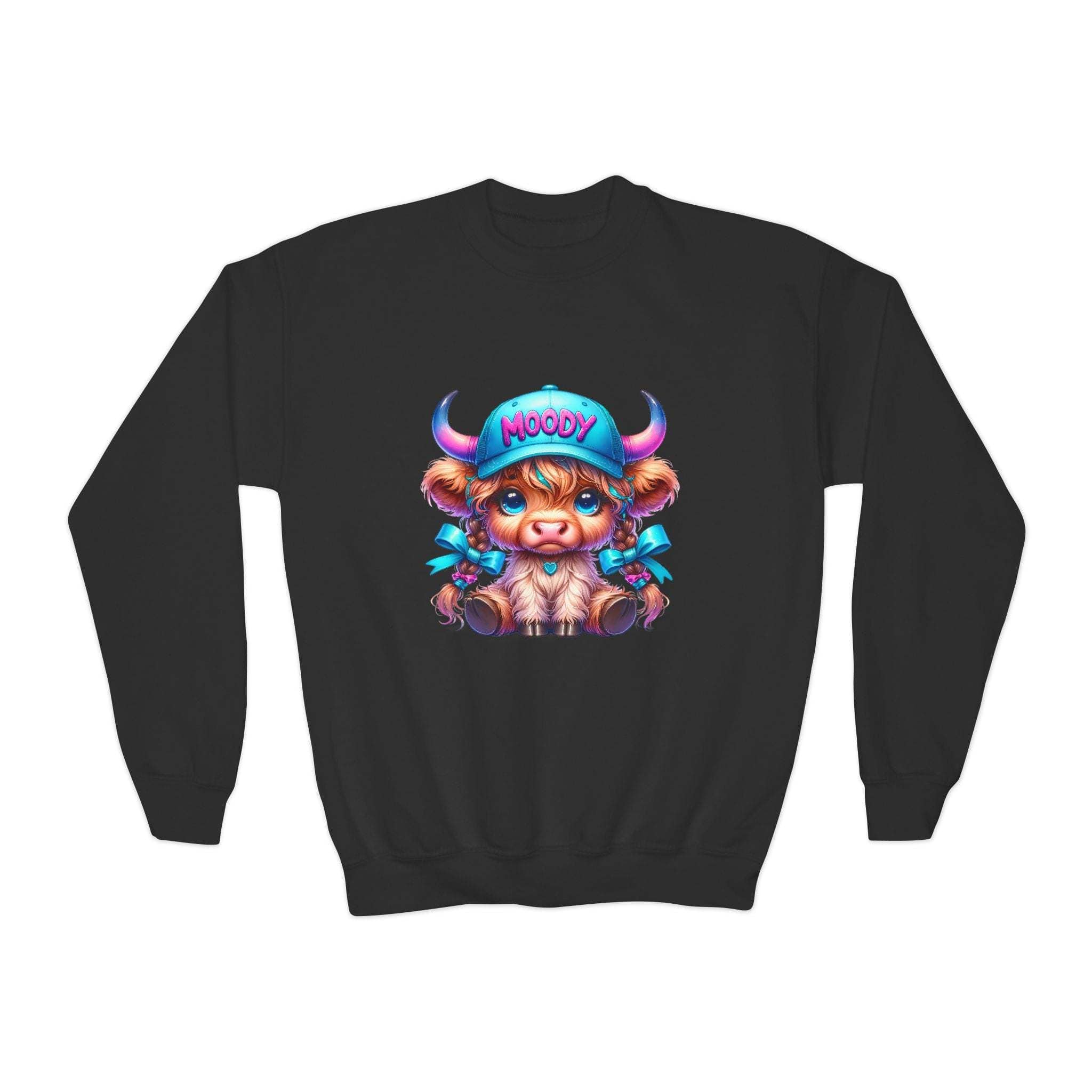 Black Moody Girl Highland Cow sweatshirt with colorful cartoon cow wearing a blue cap and ribbons