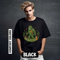 Forest Sasquatch illustration t-shirt with floral woodland Bigfoot design on heavyweight cotton