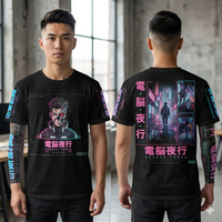 Cyberpunk all-over print cotton t-shirt with neon anime techwear graphic and futuristic cityscape design