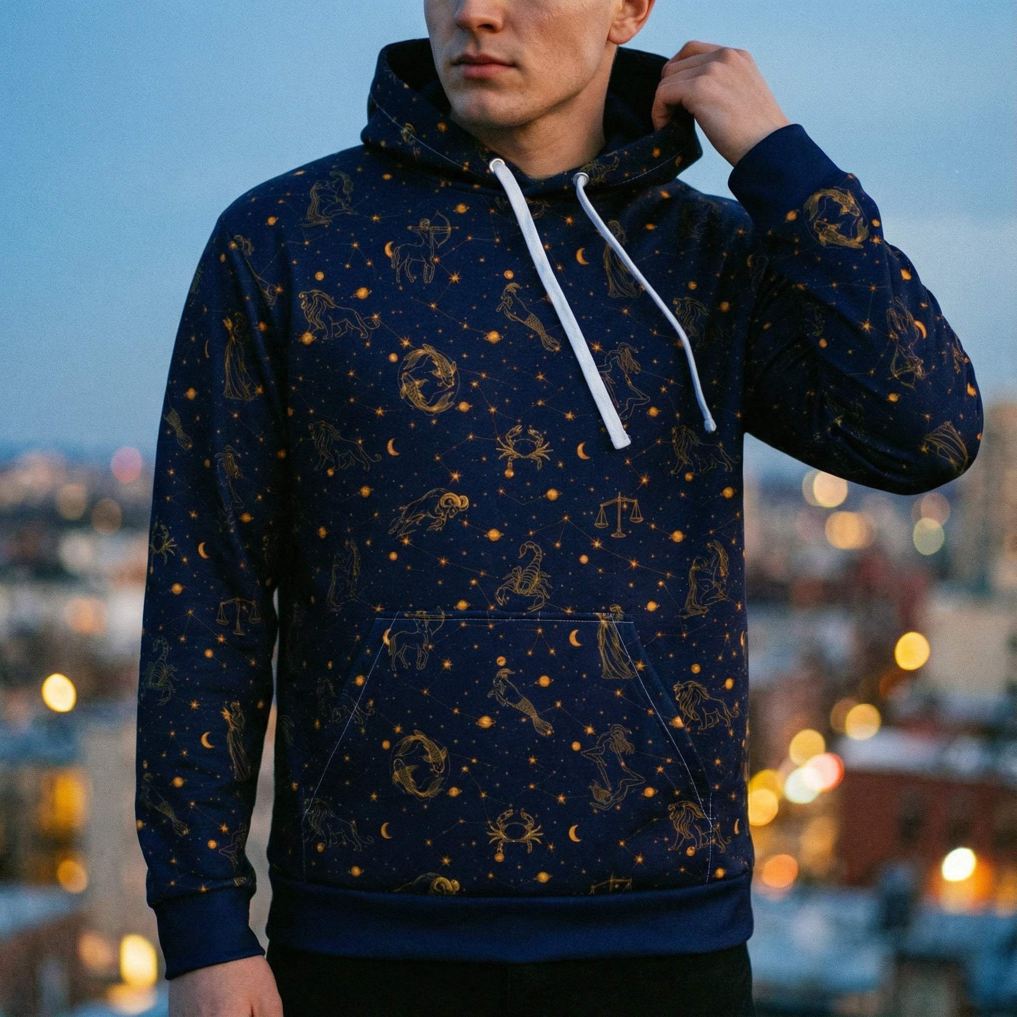 Blue Zodiac Constellation hoodie with zodiac star print on soft blue cotton fabric