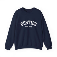 Navy blue sweatshirt with 'BESTIES EST. 2025' text on a white background