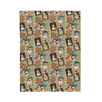 Plush blanket with retro Christmas watercolor design featuring snowmen, gingerbread men, and holiday motifs for cozy winter decor