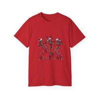 White Christmas Dancing Skeletons t-shirt by Printify, festive design perfect for holiday celebrations