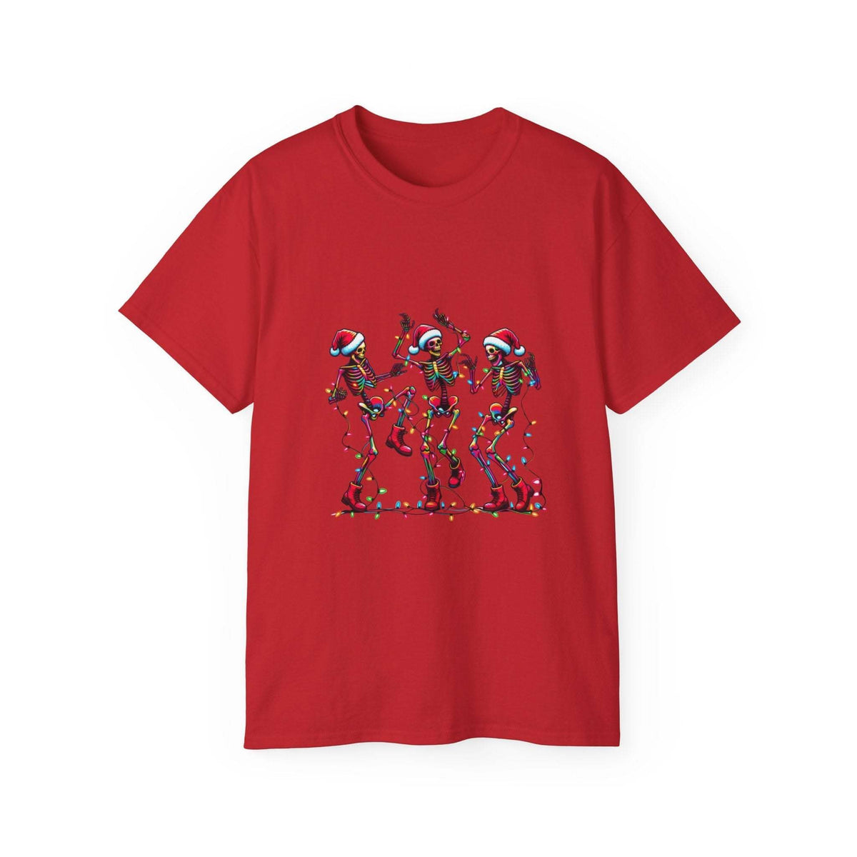 White Christmas Dancing Skeletons t-shirt by Printify, festive design perfect for holiday celebrations