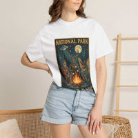 Vintage National Park After Dark t-shirt with campfire, Sasquatch, Mothman, and nocturnal creatures design