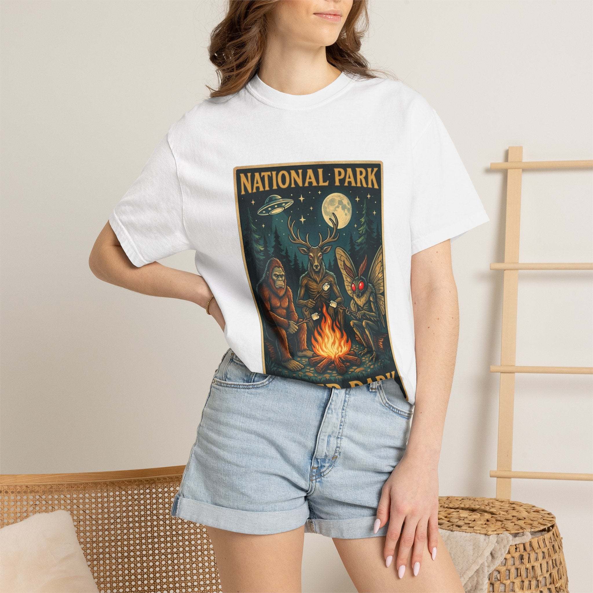 National Park After Dark T-Shirt | Campfire Sasquatch Mothman Night Creatures