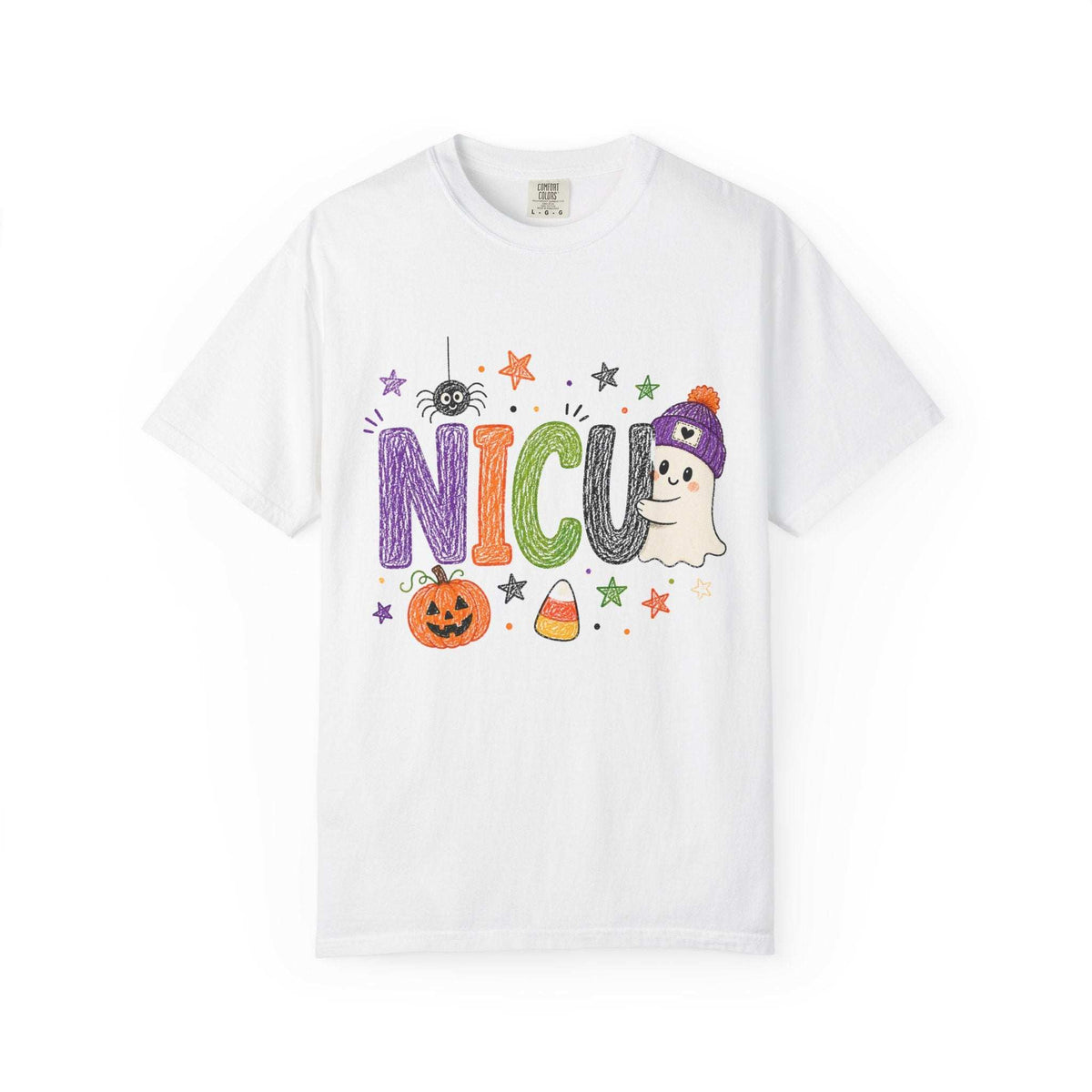 White NICU nurse Halloween T-shirt with colorful crayon-style lettering, a smiling ghost in a purple beanie, pumpkin, and candy corn.