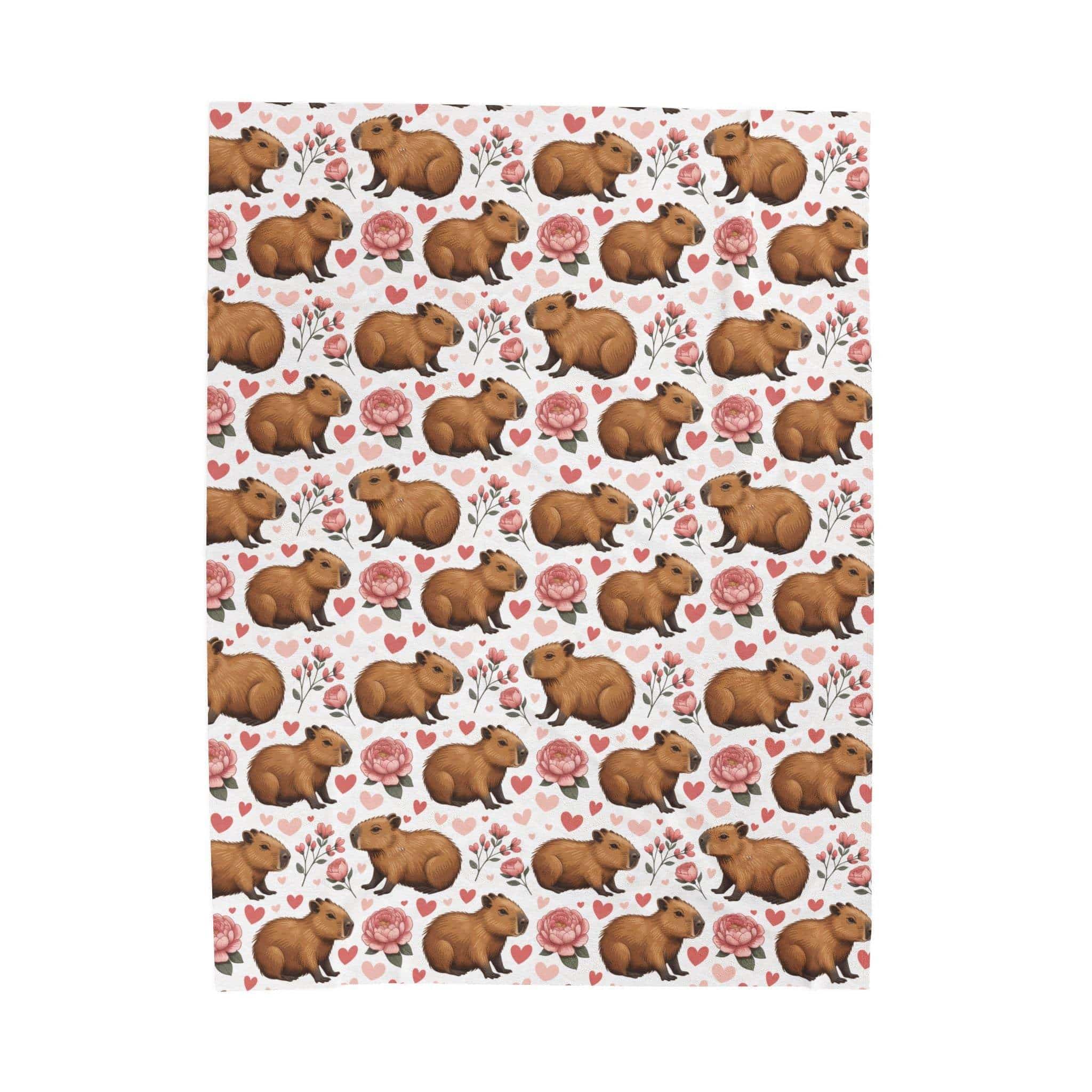 Floral Capybara Valentines plush velveteen blanket with pastel blooms and cozy warmth