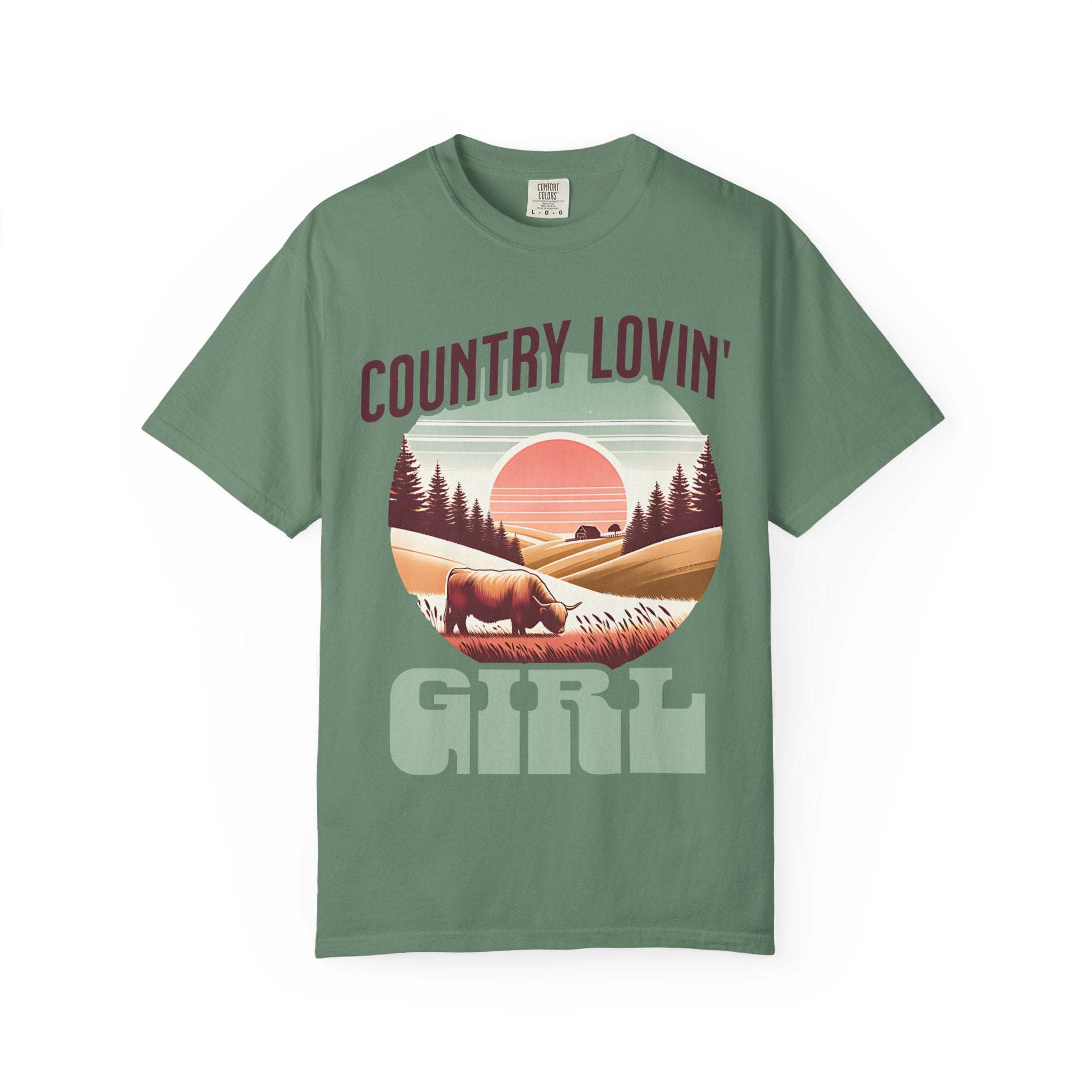 Country Lovin Girl T-shirt with vintage sunset and cow design on green cotton tee