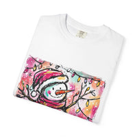 White unisex t-shirt featuring colorful disco ball snowman design, perfect for Christmas and dance parties by Printify
