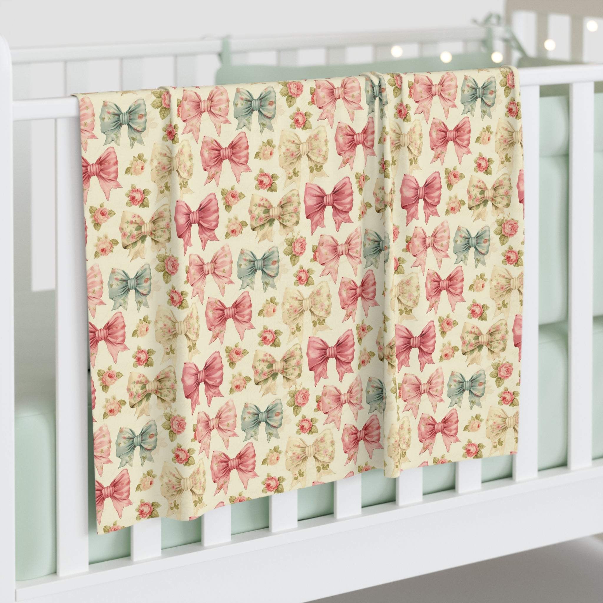 Floral Coquette Bows swaddle blanket with pastel pink and blue bows hanging on white crib railing