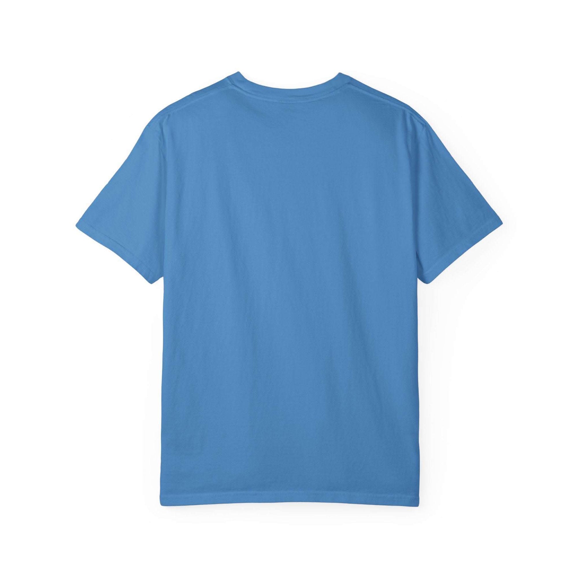 Blue garment-dyed T-shirt with soft textured fabric, durable stitching, and no side seams, suitable for travel enthusiasts.