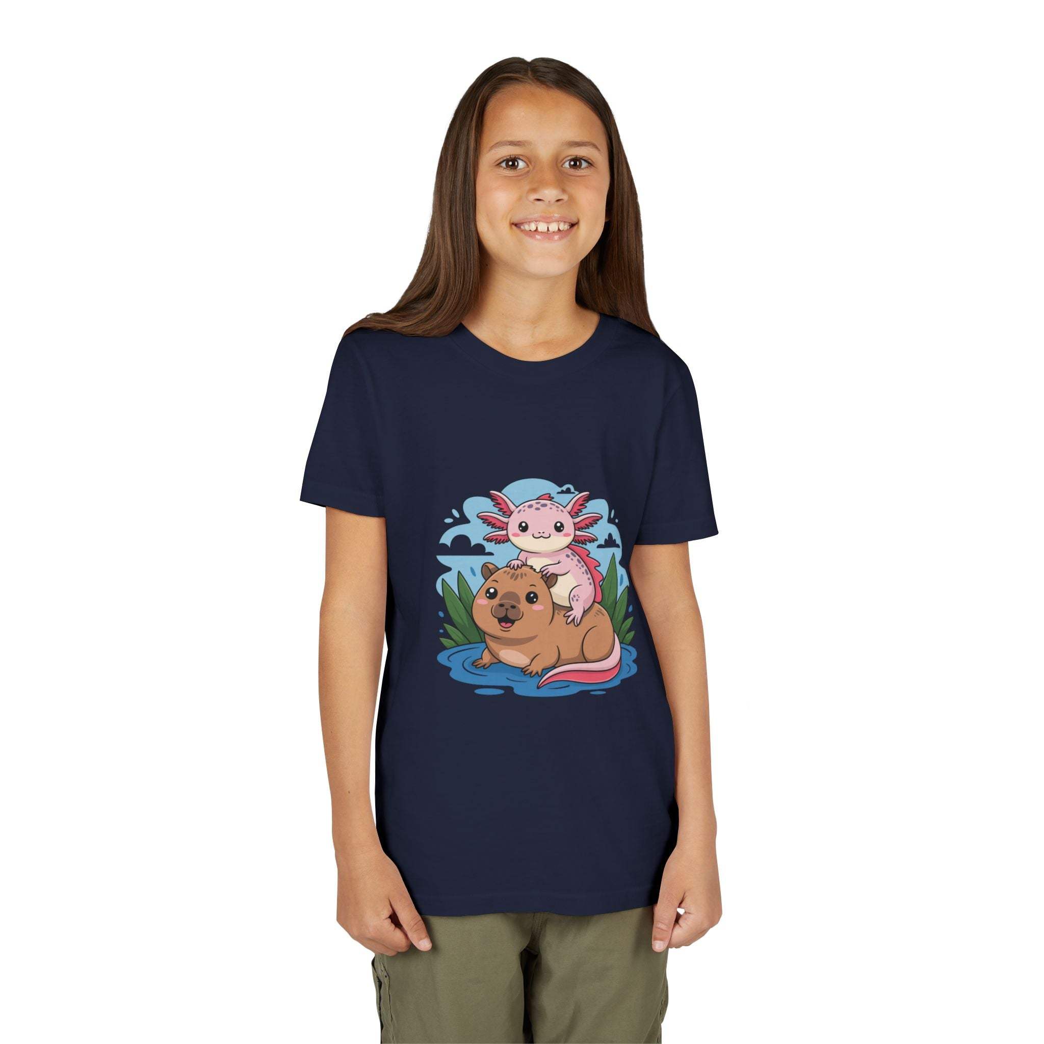Youth tee with axolotl on capybara design, soft breathable cotton, relaxed fit for kids