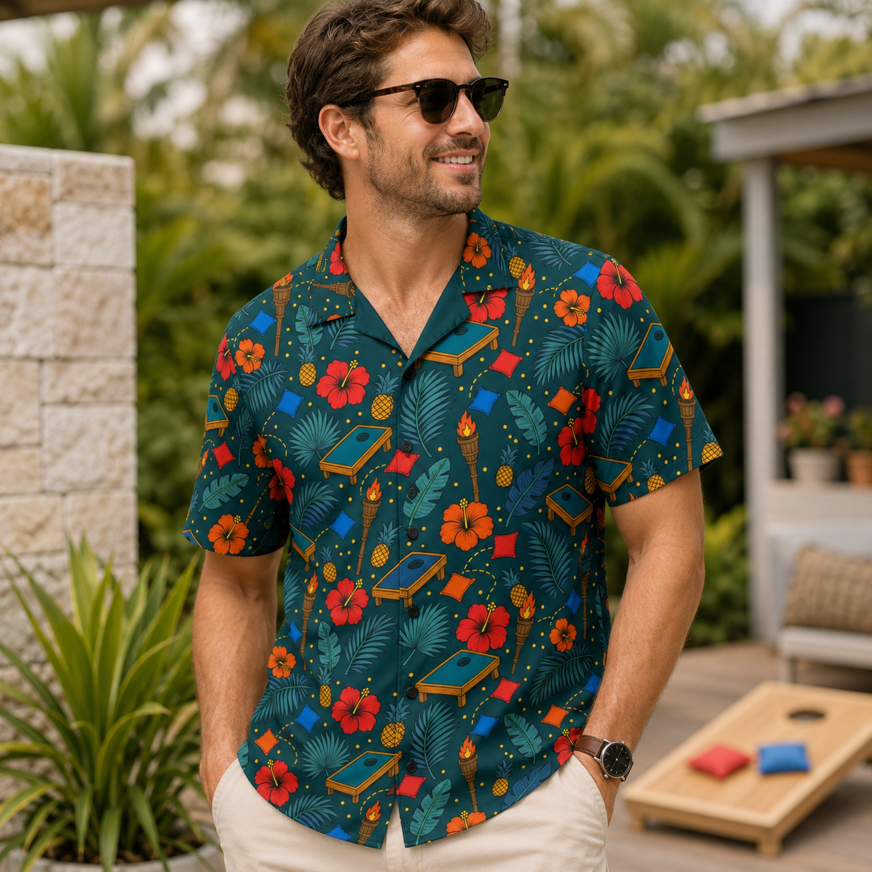 Unisex cornhole Hawaiian shirt with tropical boards, bean bags, tiki torches, and pineapples on deep teal background