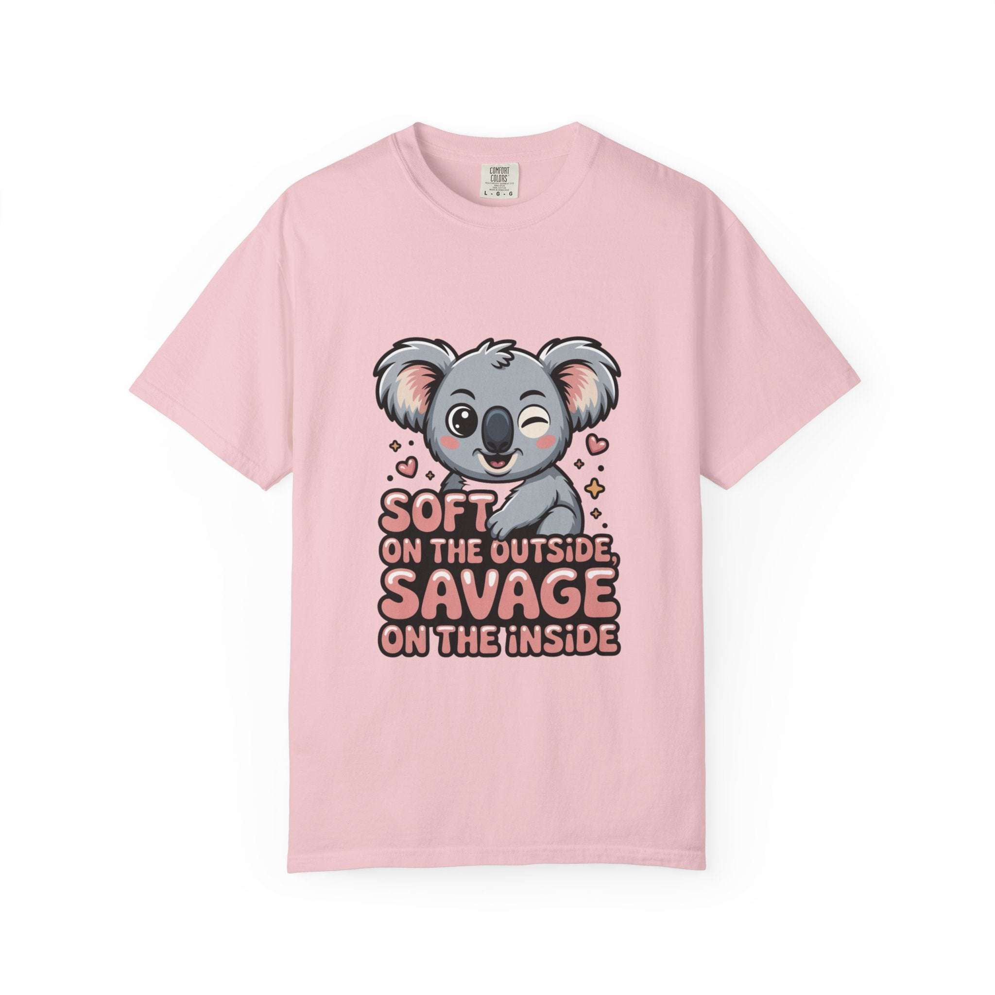 Pink t-shirt with cute koala and "Soft on the Outside Savage on the Inside" graphic design