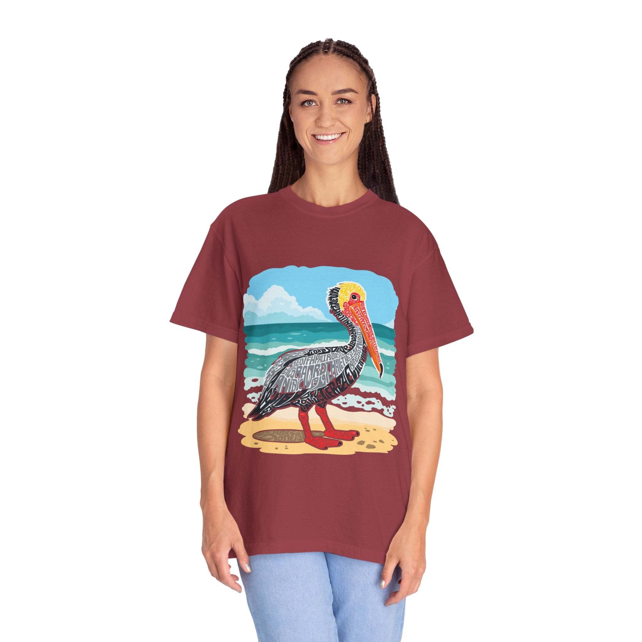 Vintage pelican letter poster graphic tee with coastal washed color and relaxed fit