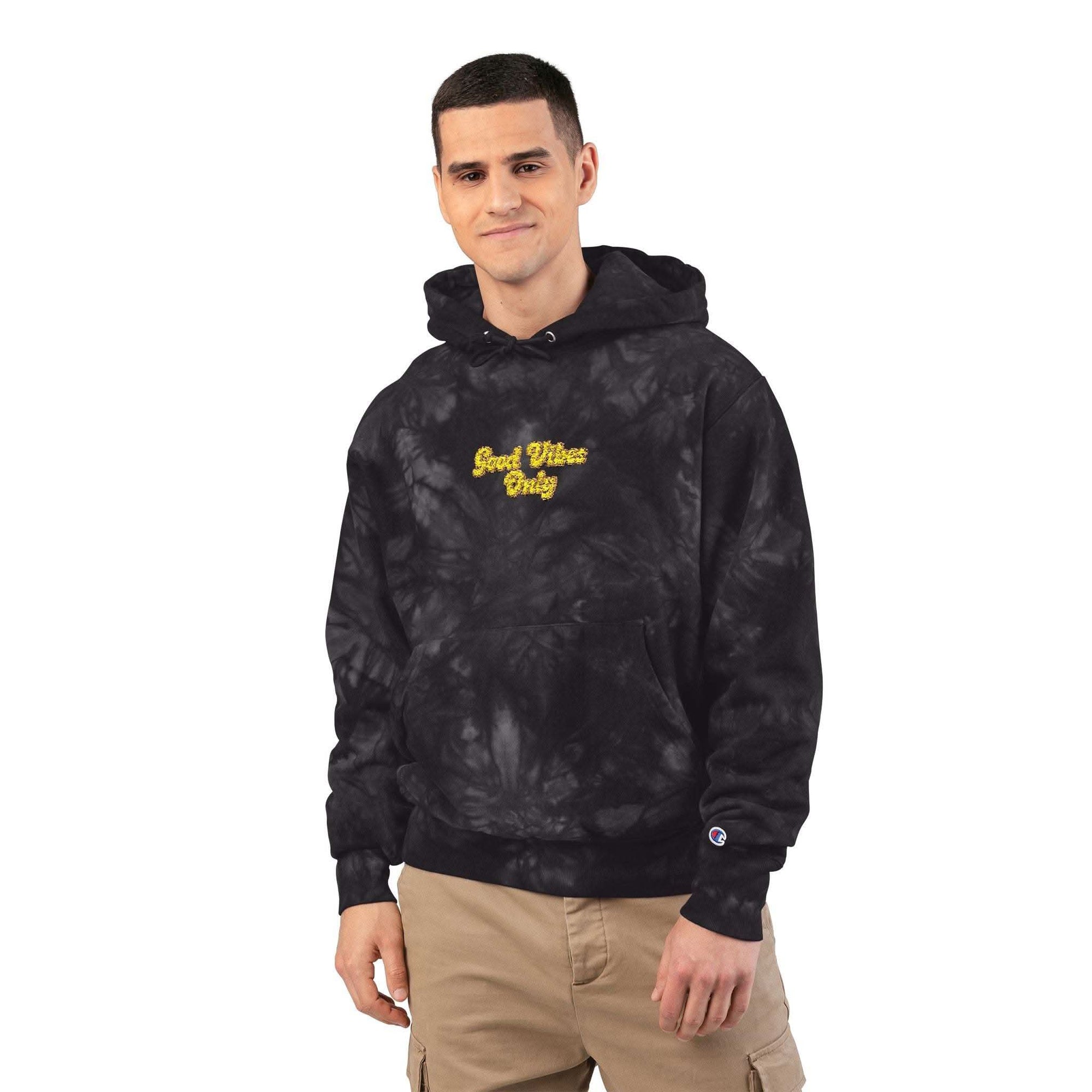 Mulled Berry tie-dye hoodie with 'Good Vibes Only' embroidery by Printify