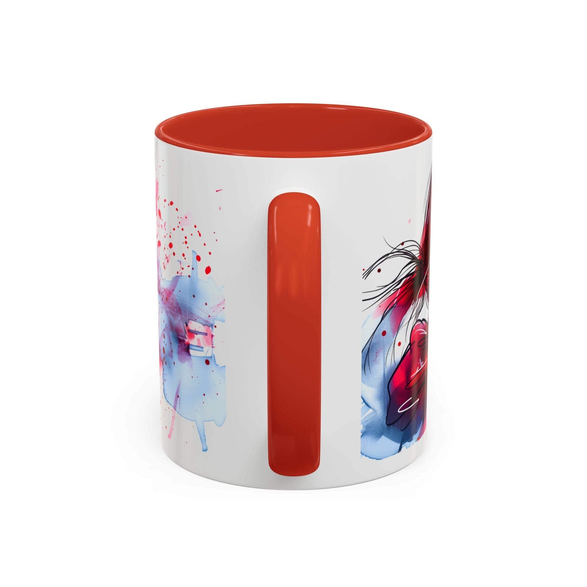 White mug with red interior and handle, featuring colorful abstract designs on a white background