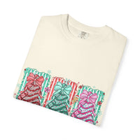 Oh Christmas Tree T-shirt with colorful decorated Christmas trees on cream garment-dyed fabric