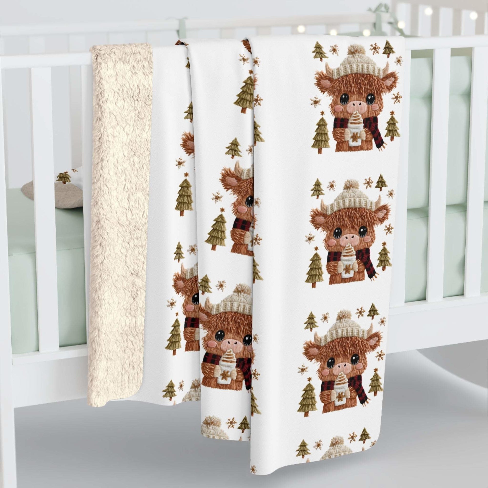 Highland cow Sherpa Blanket with plush fleece and rustic highland cow design for cozy warmth