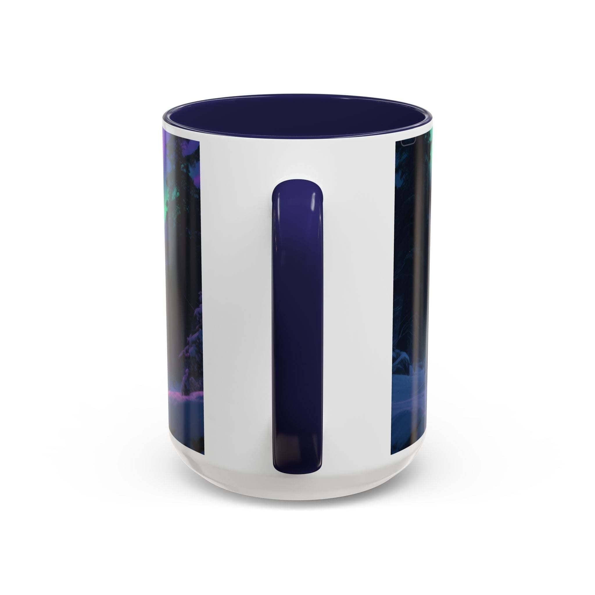 Howling wolf aurora mug with colorful interior and handle, ceramic coffee cup with northern lights design