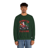 Man wearing navy Motorcycle Santa Sweatshirt with Santa on motorcycle and holiday gifts design in festive setting