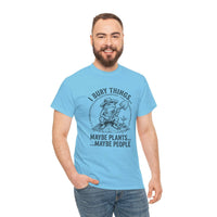 I Bury Things funny gardener t-shirt with gnome digging and dark humor text