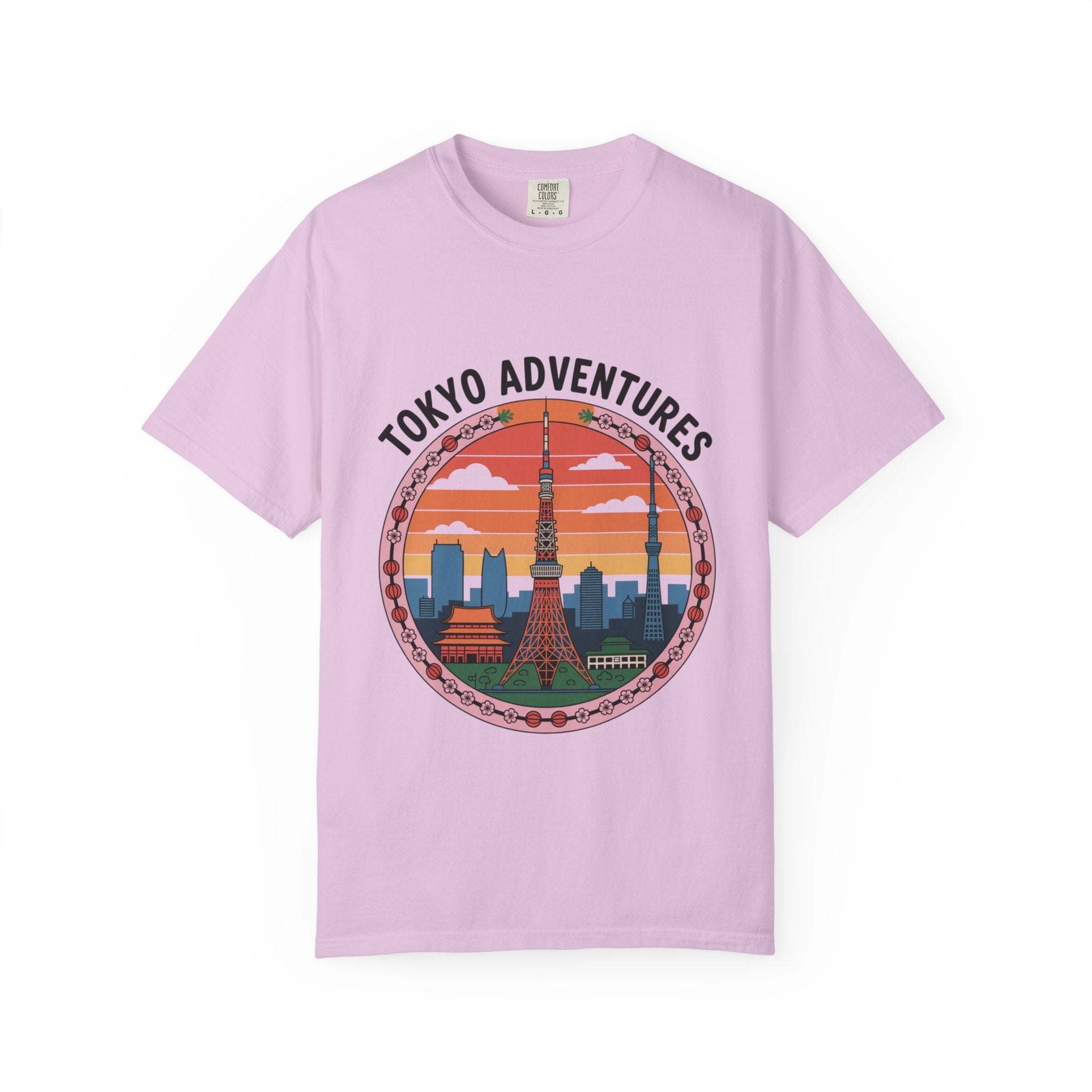 Garment-dyed purple Tokyo Adventures travel T-shirt with Japanese cityscape design