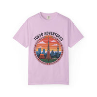 Garment-dyed purple Tokyo Adventures travel T-shirt with Japanese cityscape design