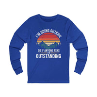 Long sleeve hiking t-shirt with vintage sunset mountains graphic and outdoor adventure text