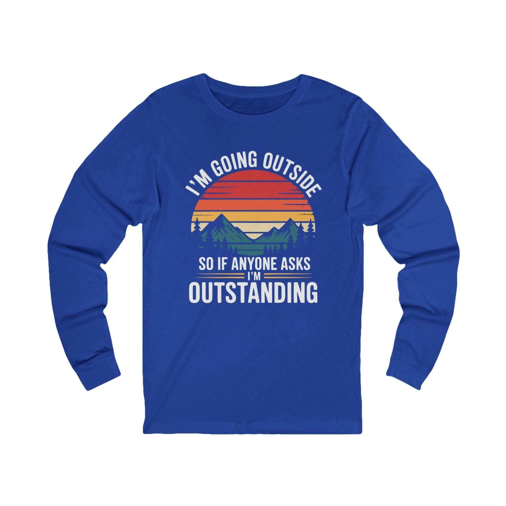 Long sleeve hiking t-shirt with vintage sunset mountains graphic and outdoor adventure text