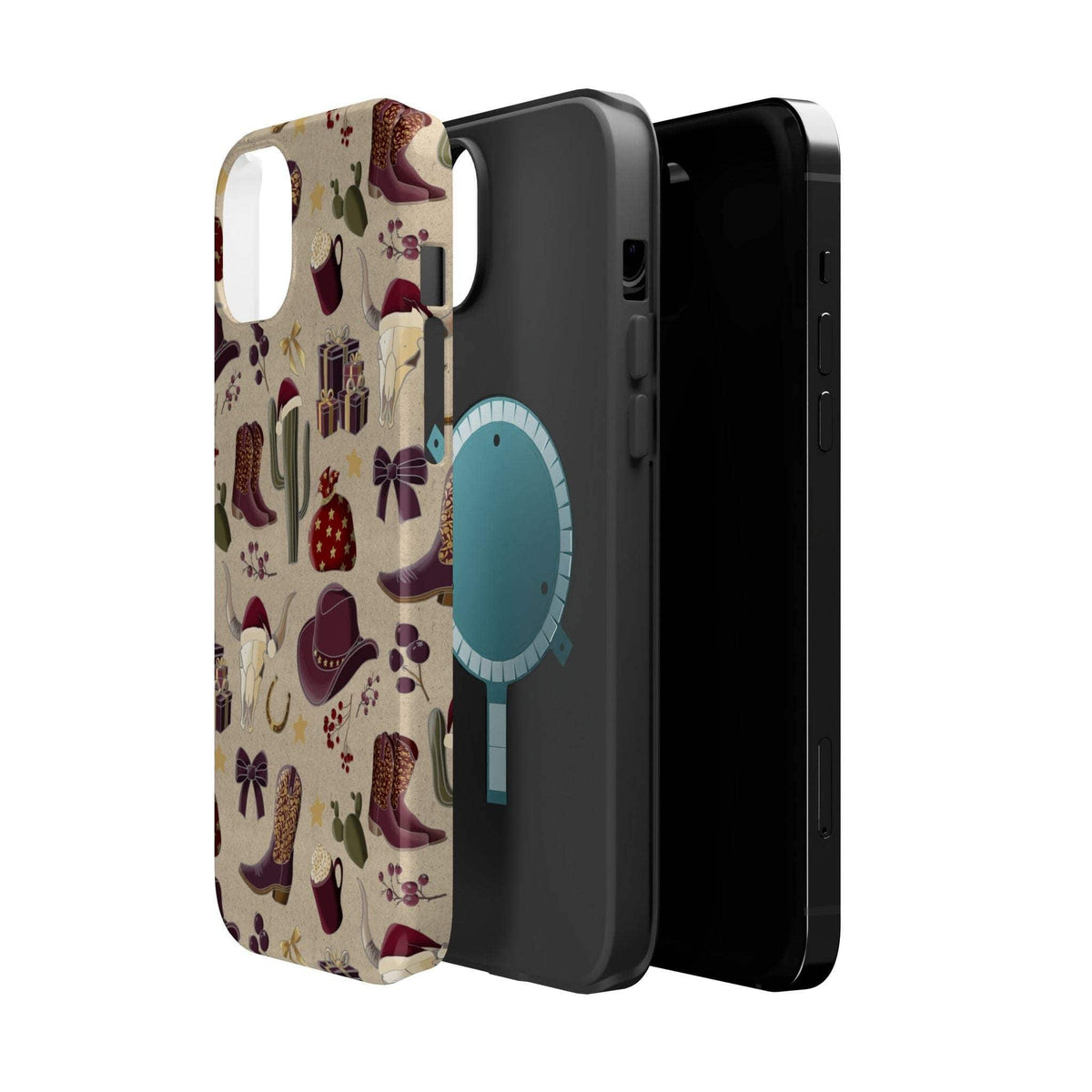 Cowboy Christmas design phone case for iPhone 17 in glossy finish by Printify, featuring festive colors and patterns.