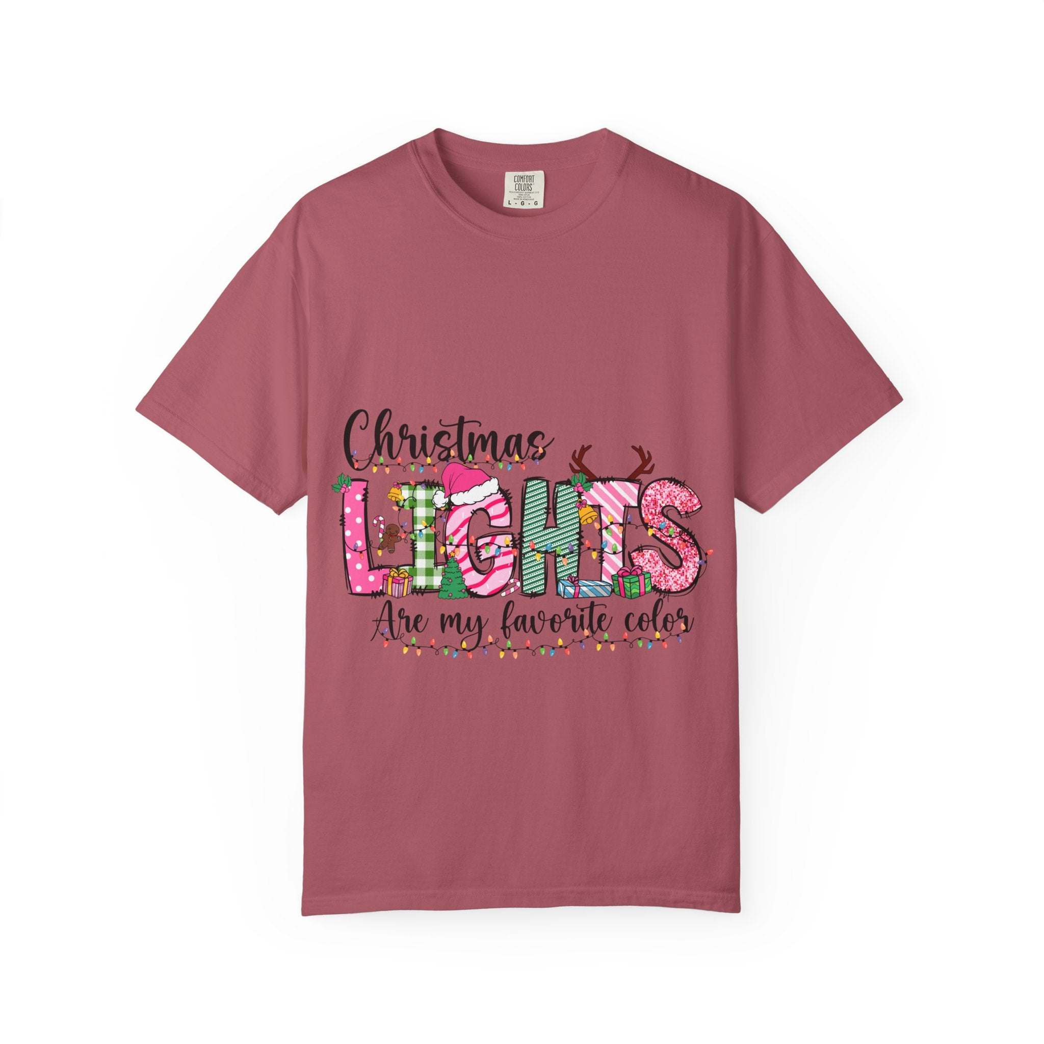 Christmas Lights Are My Favorite Color T-Shirt in soft garment-dyed cotton with relaxed fit and festive holiday text design