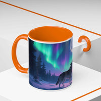 Mug with orange interior and handle, featuring a wolf and Northern Lights design on a white background.