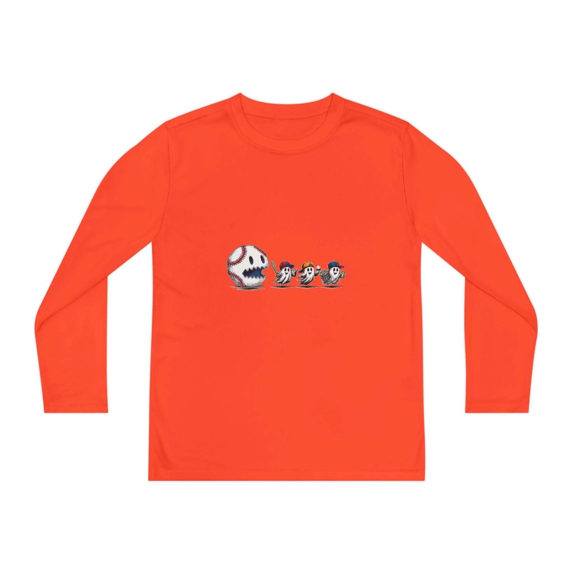Atomic Blue long sleeve youth tee featuring festive Halloween ghosts and baseball design by Printify