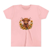 Youth tee featuring Highland Cow with Sunflowers design on soft cotton fabric