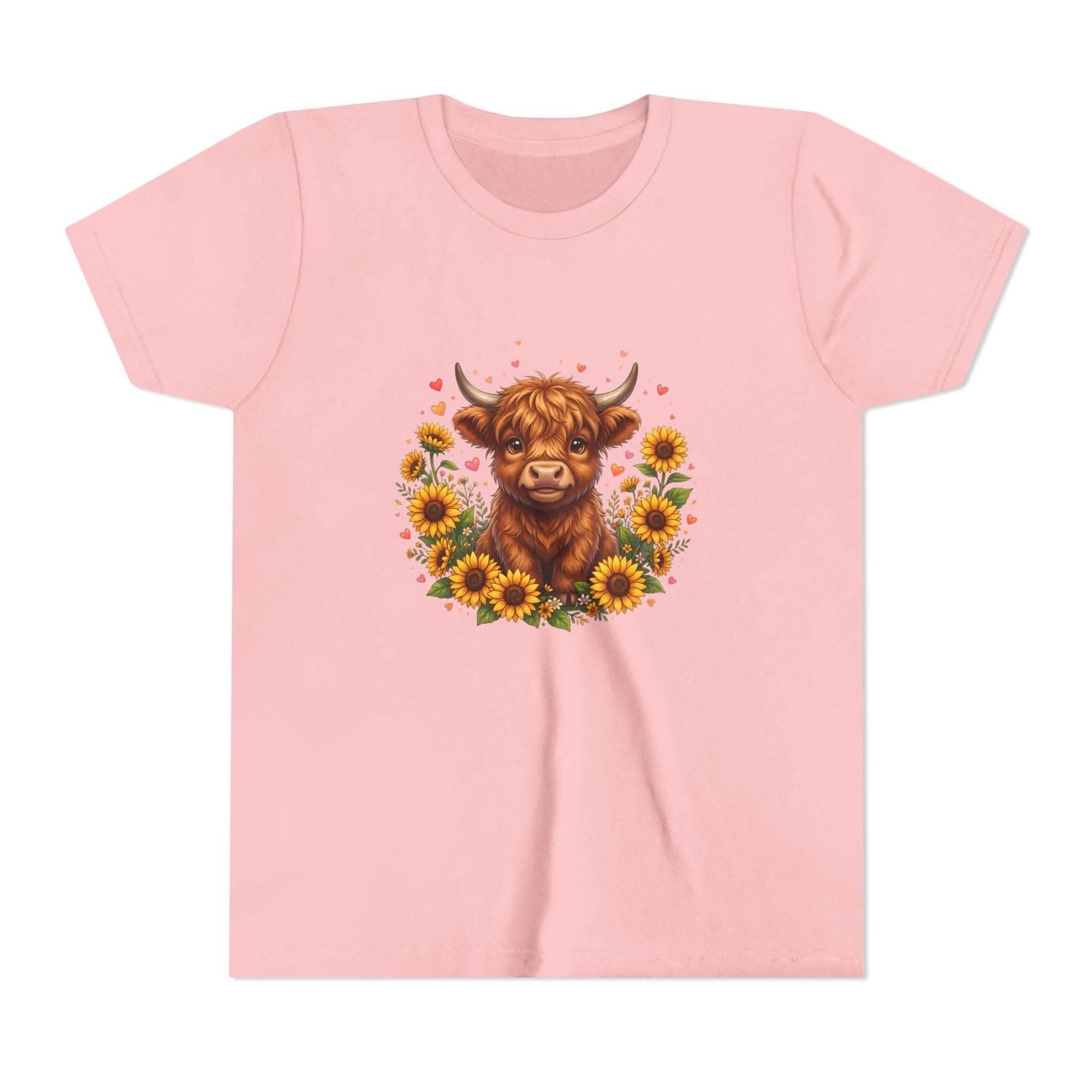 Youth tee featuring Highland Cow with Sunflowers design on soft cotton fabric