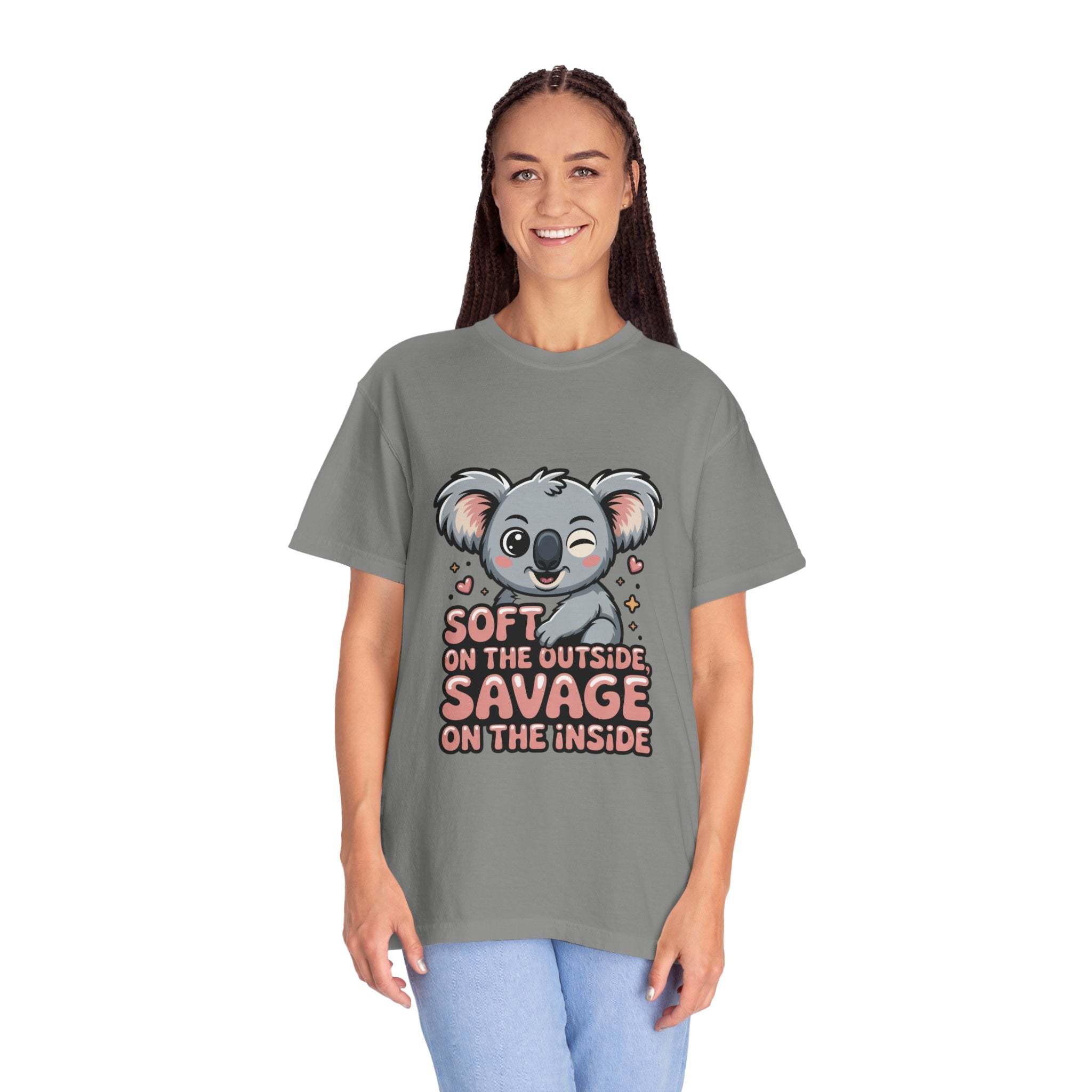 Soft on the Outside Savage on the Inside koala graphic gray t-shirt with relaxed fit