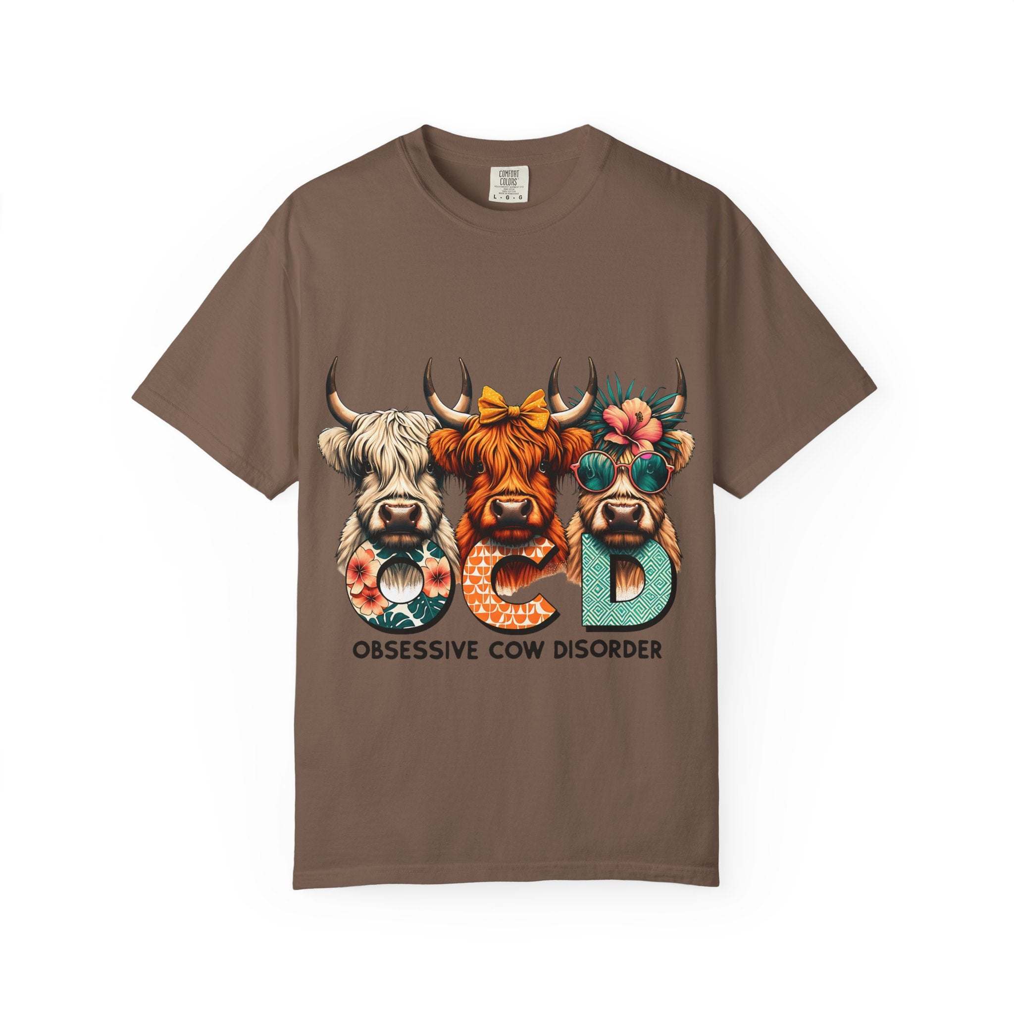 Ivory cotton t-shirt with 'Funny OCD Obsessive Cow Disorder' design, ideal for animal lovers and casual wear.