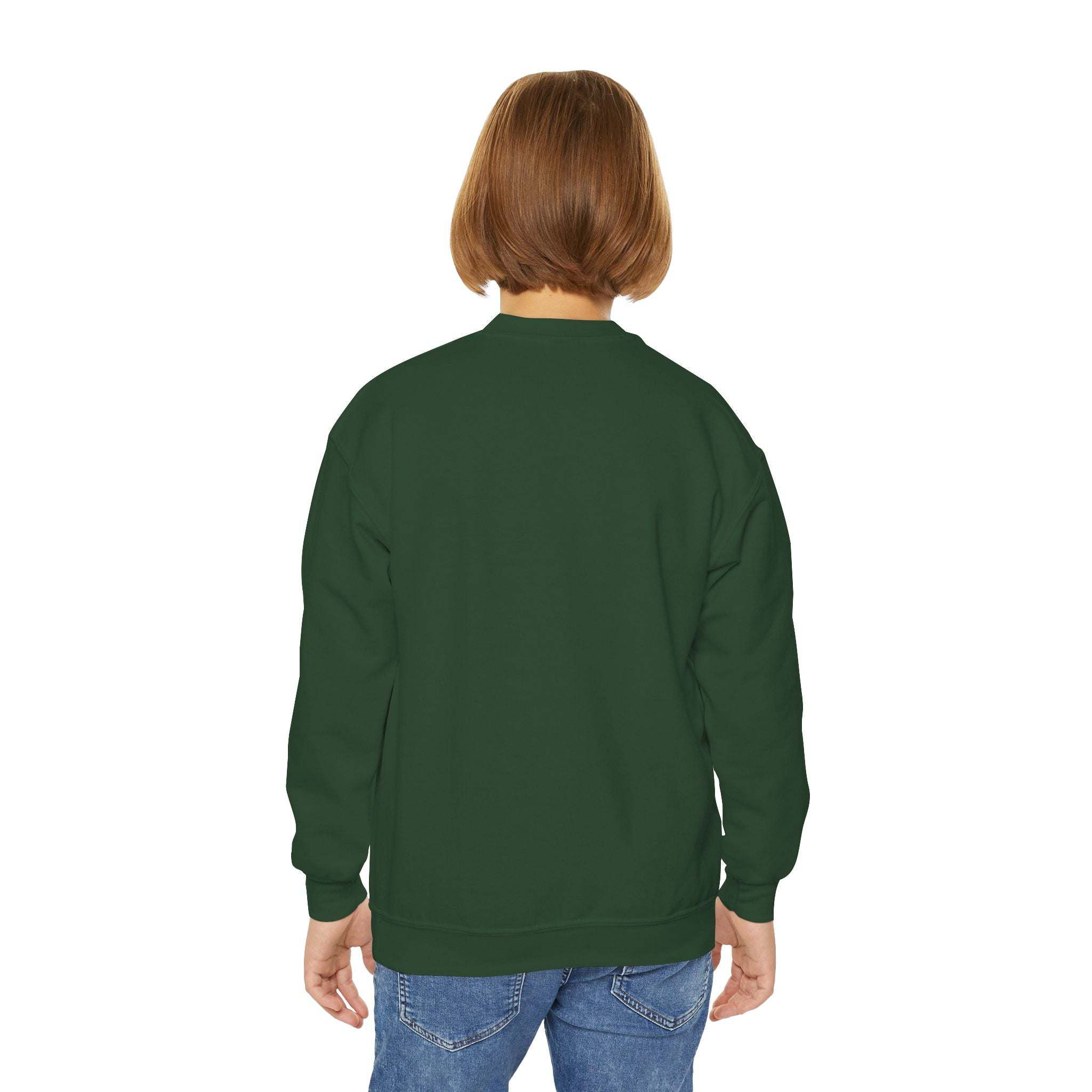 Moody Girl Highland Cow youth sweatshirt in dark green back view, loose fit, ribbed collar, cozy kid's clothing