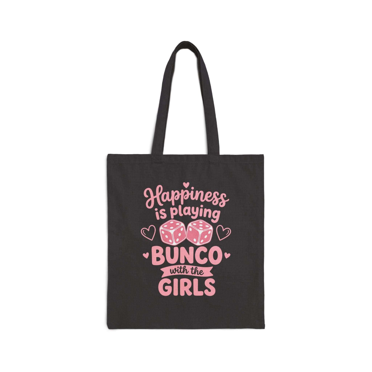 Happiness is Playing Bunco canvas tote bag with dice night design for game enthusiasts
