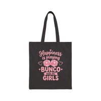 Happiness is Playing Bunco canvas tote bag with dice night design for game enthusiasts
