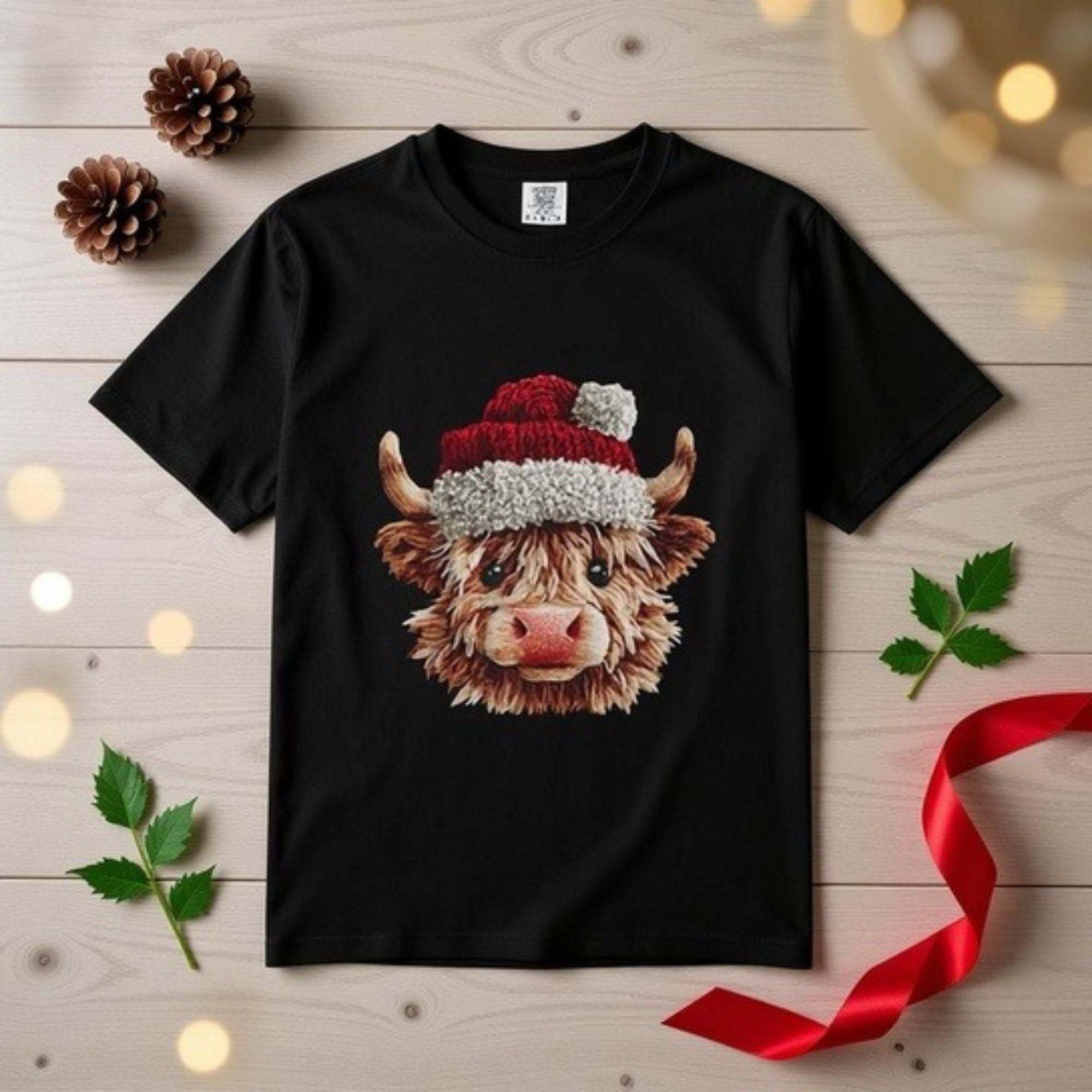 Black t-shirt with faux crochet yarn highland cow wearing Santa hat Christmas design