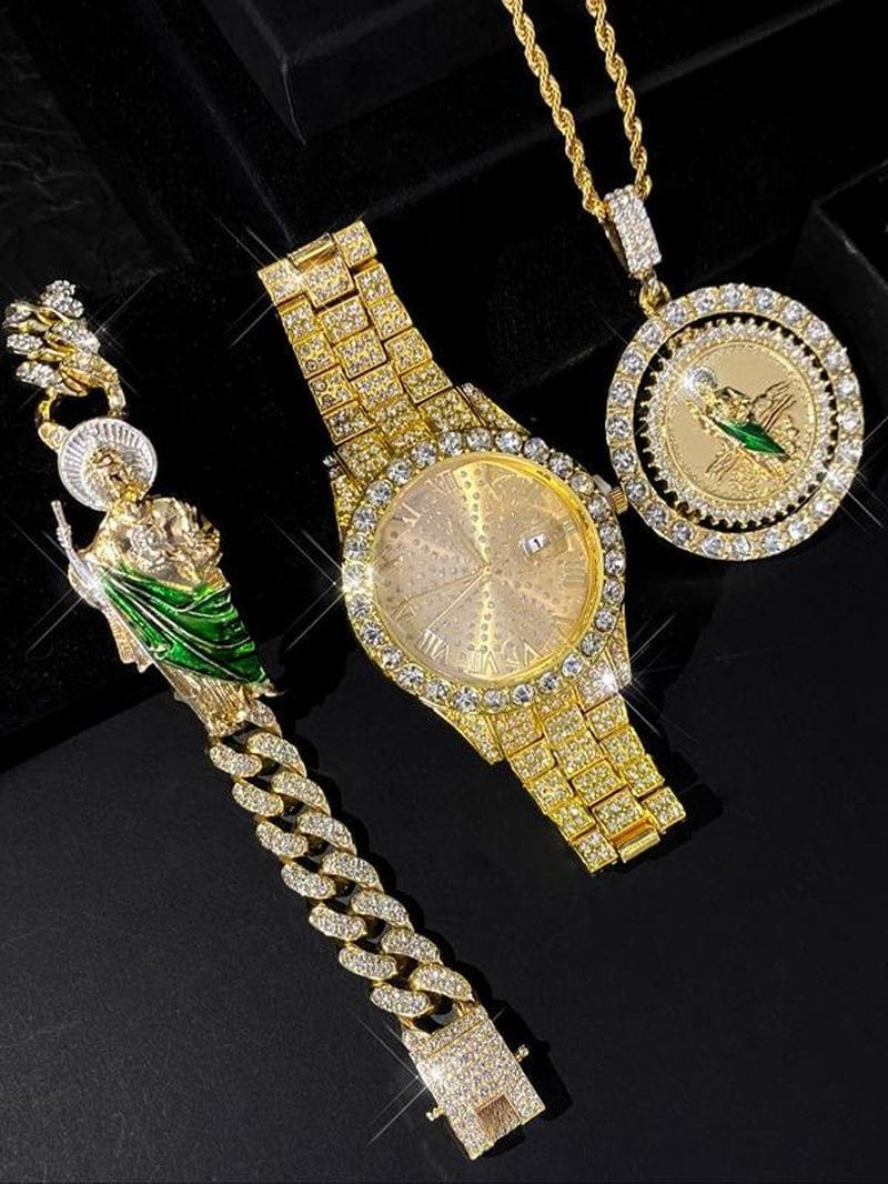 Luxury watch and jewelry set with gold and diamond accents