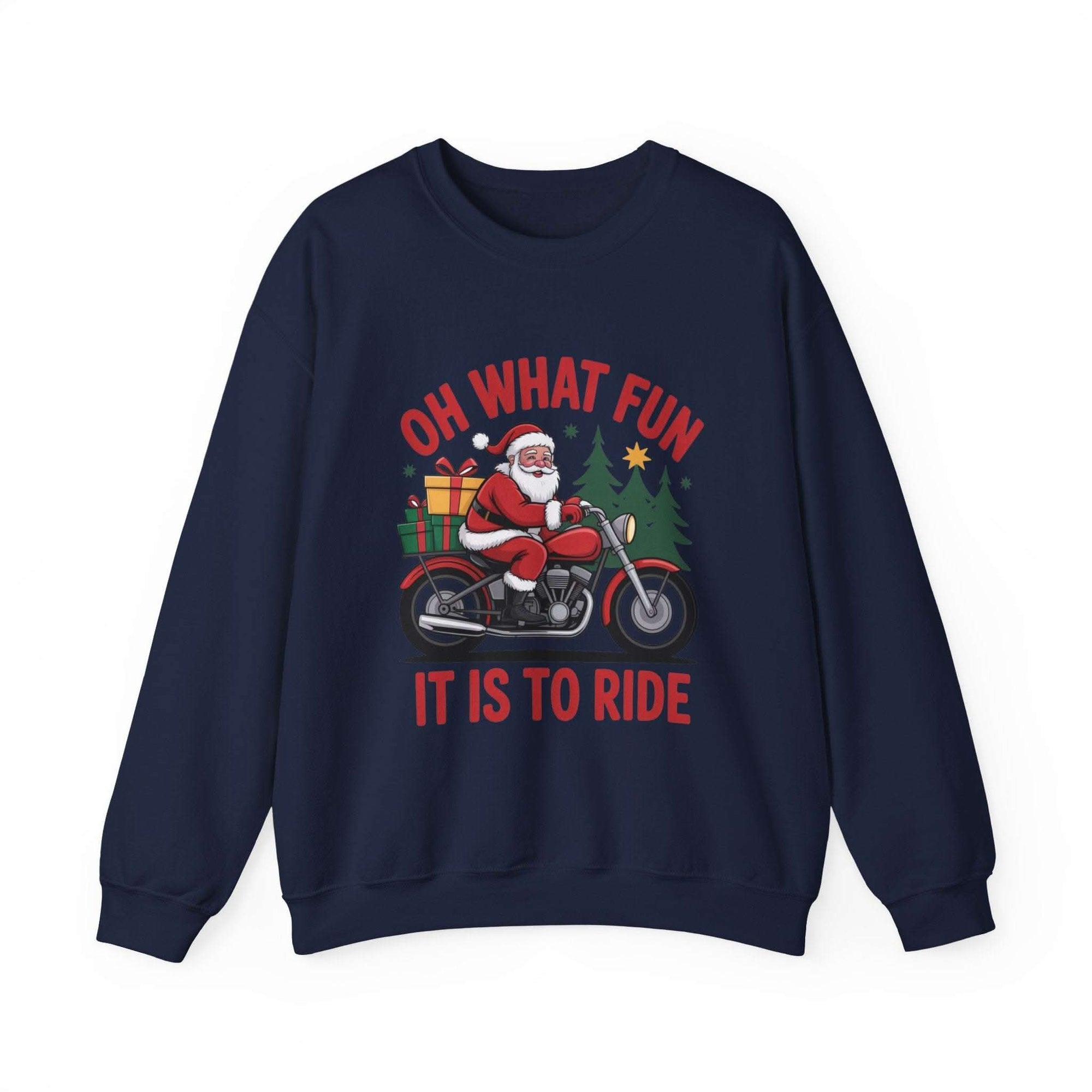 Black crewneck sweatshirt featuring a Santa motorcycle graphic by Printify, perfect for cozy winter wear.